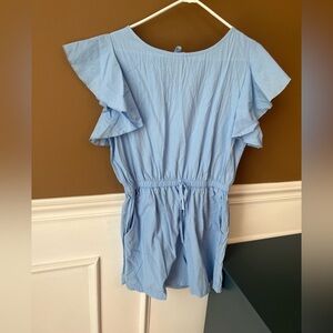 Angashion Women’s Blue Flutter Sleeve Romper with Ruffled Tie Front Size Large